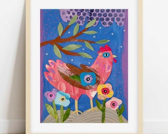 Folk Art Chicken Painting Collage Art from Original Painting Collage ART Modern Folk Art