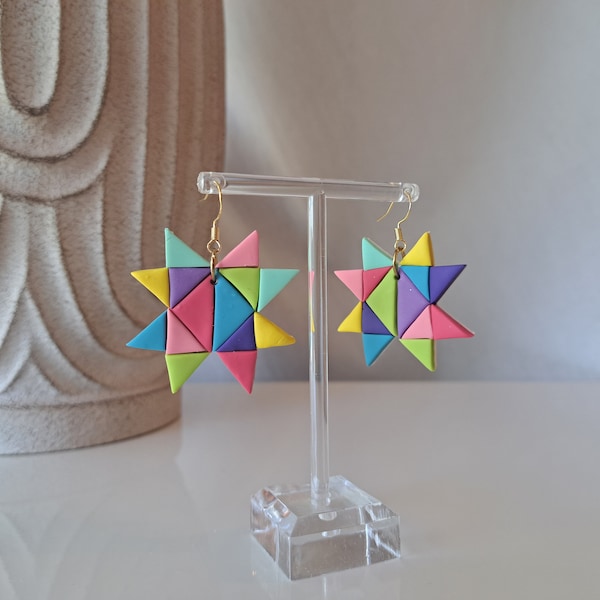 Kendra- colorful custom handmade clay earrings, quilt block earrings, sawtooth star earrings, statement earrings for sewers and crafters