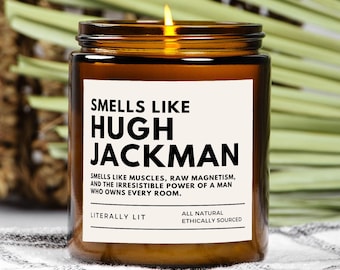 Smells Like Hugh Jackman Scented Soy Candle, Hugh Jackman Fan (Multi-Size, Amber Jar)