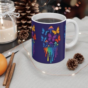 Colorful Butterflies & Mushrooms Mug | Psychedelic Coffee Cup, Gift for Nature Lovers, Colorful Art Mug, Unique Home Decor, Tea Lover Gift