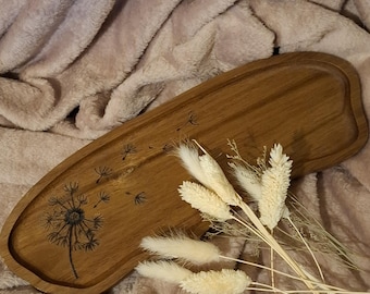Wooden Trinket Sweet, Jewellery Tray , Make a wish dandelion, Hand drawn pyrography