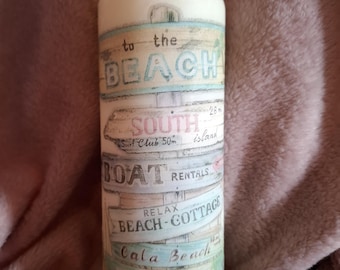 Vela cilíndrica con letrero de playa: decoración vacacional con técnica de decoupage, duración de la combustión: 75 horas.