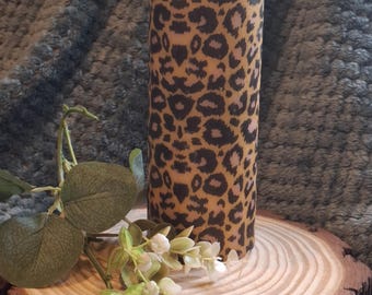 Leopard print decoupage pillar candle, wildlife vibe decor