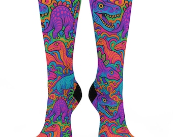 Calcetines psicodélicos de dinosaurios, coloridos y con estampados alucinantes, novedosos, regalo para él y para ella, ropa de moda divertida.