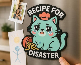 Receta para un gato de desastres / Imán troquelado de 7,6 cm / Regalo divertido para amantes de los gatos / Decoración para el refrigerador / Humor de cocina kawaii