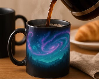 Taza envolvente de galaxia cósmica con efecto de calor. Cambia de color. Escena nocturna de montaña que aparece con el calor. Regalo único para amantes del espacio.