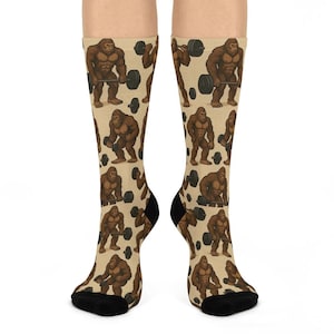 Bigfoot Bodybuilding Novelty Crew Socks Fun Fitness Gift for Him Her Unique Pattern