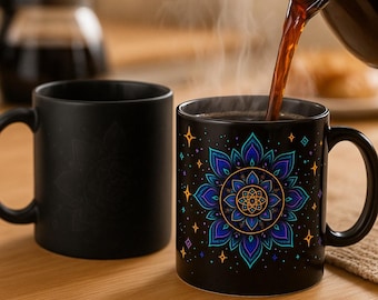 Taza con diseño de mandala de neón y geometría sagrada / Revelación de calor / Momento WOW que cambia de color / Regalo espiritual para ella / Sorpresa matutina única