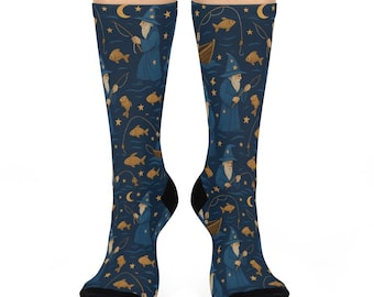 Calcetines con estampado de pesca de magos: regalo mágico para amantes de la fantasía, novedosos, unisex.