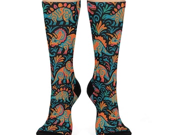 Calcetines psicodélicos de dinosaurios, regalo divertido para amantes de los dinosaurios, calcetines unisex con estampado colorido.