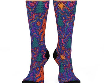 Calcetines psicodélicos con estampado de Pie Grande, diseño de bosque colorido y divertido, regalo acogedor y genial