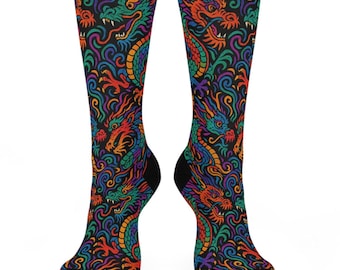 Calcetines con estampado de dragón psicodélico, divertidos calcetines unisex, coloridos y novedosos para él y ella.
