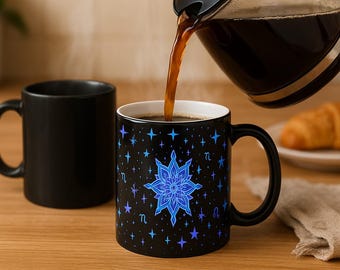 Taza mágica con efecto de mandala de constelación celestial / Revelación de calor / Amantes del zodíaco / Brillo neón vibrante / Regalo único para astrónomos