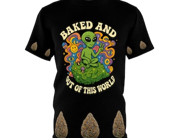 Camiseta de cannabis extraterrestre horneada y de otro mundo. Camiseta de festival para fumetas con mangas y dobladillos adornados con cogollos.