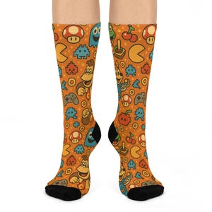 Retro Gaming Cereal Theme Crew Socks Fun Gift for Gamers Unique Unisex Patterned Socks