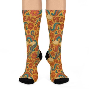 Hippie Rainbow Peace Love Crew Socks Fun Retro Gift for Unisex