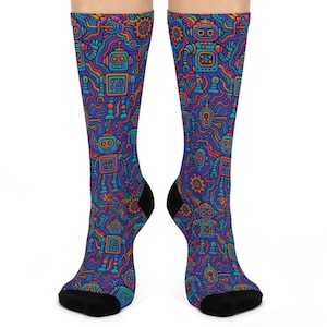 Psychedelic Robot Pattern Crew Socks Fun Gift for Him Her Unique and Comfy Novelty Design