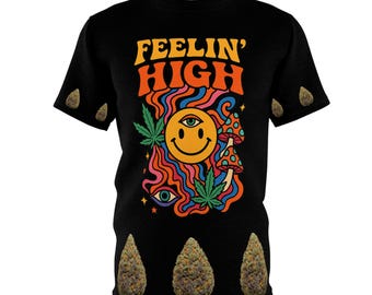 Camiseta psicodélica de cannabis "Siente la euforia" / Camiseta para festivales de marihuana / Estampado psicodélico con cogollos en mangas y dobladillo / Regalo unisex de marihuana