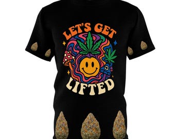 Camiseta psicodélica de cannabis Let's Get Lifted / Camiseta para festivales de cannabis / Mangas con cogollos y dobladillo con cogollos / Regalo psicodélico 420 atrevido