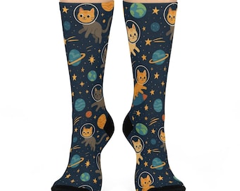 Calcetines con estampado de gatos espaciales. Divertido regalo de gatito astronauta para amantes de los gatos. Calcetines únicos.