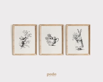 Set di 3 stampe da parete per la cameretta con simpatici animali del bosco / Stampe vintage di animali per bambini / Orso, Topolino, Coniglietto / Stile cottagecore