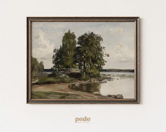 Vintage Lakeside Landscape Painting: Rustic Farmhouse Wall Art (Digital Download)