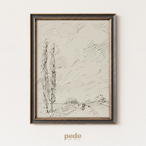 May include: A framed black and white sketch of a landscape with two tall trees on the left side. The artwork features a road and a cloudy sky. The frame is dark with a gold inner edge. The artwork is from pede west studio.