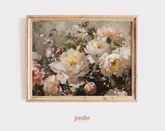 Impressão Vintage de Peônias: Arte de Parede Floral em Tons de Creme e Rosa (Download Digital)