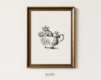 Mouse in a Teacup Sketch Print: vintage mouse art, cottagecore kitchen decor, whimsical nursery print (Digital Download)