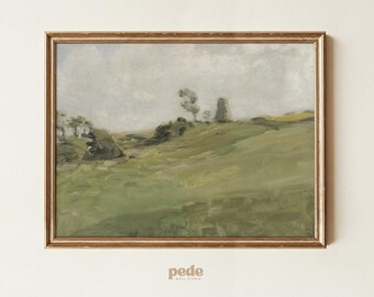 Vintage Soft Green Landscape Painting: Rustic Countryside Art (Digital Download)