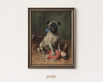 Vintage Pug Art Print – Whimsical Dog and Doll Painting (Digital Download)