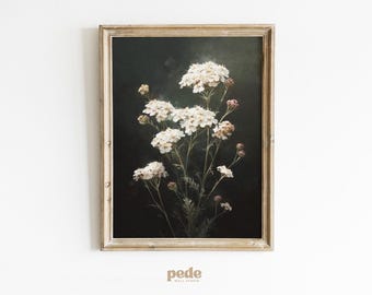 Dark Floral Print: Vintage White Wildflower Botanical Art (Digital Download)