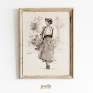 Vintage Lady Walk Sketch, victorian inspired downloadable art, antique fashion, vintage sketch art, vintage woman sketch, instant download