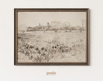 May include: A sepia-toned framed print depicting a rural landscape with a field of flowers, trees, and a village in the distance. The artwork has a vintage aesthetic, with a dark frame and a sketched style.