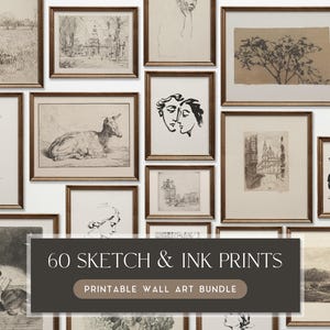 Paket med 60 teckningar | Vintage skiss- och bläckväggkonstset | Minimalistiskt linjekonstgalleri | Antika illustrationer (digital nedladdning)