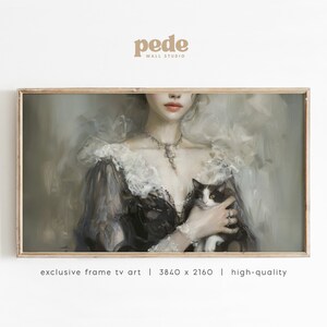 Puede incluir: Una pintura enmarcada de una mujer con un vestido negro sosteniendo un gato blanco y negro. La pintura está en un marco marrón claro y tiene una paleta de colores suaves y apagados. El texto "pede WALL STUDIO" y "exclusive frame tv art | 3840 x 2160 | high-quality" está impreso debajo de la pintura.