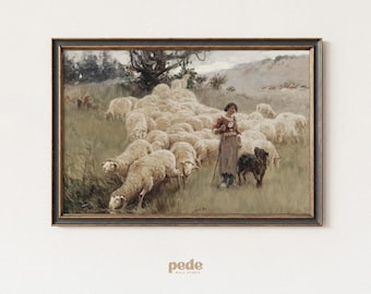 Vintage Shepherdess Art Print: Pastoral Sheep and Dog (Digital Download)