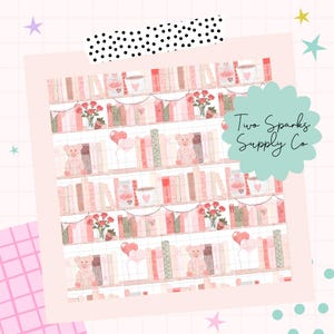 Estantería de San Valentín con acuarela, patrón sin costuras PNG, descarga de papel digital, vinilo, tela, diseño de superficie, patrón femenino, osito de peluche, rosas