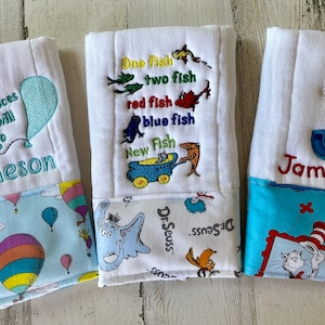 Dr. Seuss Baby Burp Cloths set, machine embroidered burp cloths, Baby burp cloths, baby gift, personalized baby gift, Seuss burp cloths