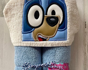 Girl Blue Dog hooded towel, Blue Dog hooded towel, pool towel, beach towel, bath towel, appliqued gift, Children gift, birthday gift, Bluey