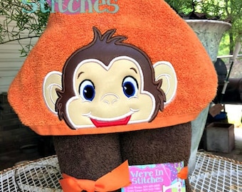 Boy Monkey hooded towel, monkey towel, bath towel, beach towel, pool towel, appliqued towel, children's gift, hooded towel, appliqued gift
