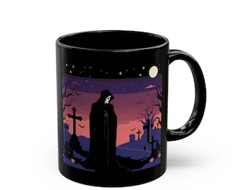 Grim Reaper Cemetery Scene Mug | Black Ceramic Coffee Cup