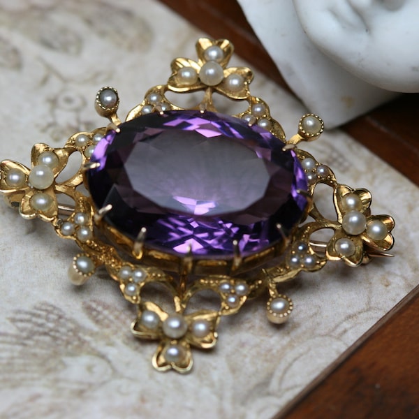 Antique 14k - Amethyst and Seed Pearl Brooch- Late Victorian to Edwardian