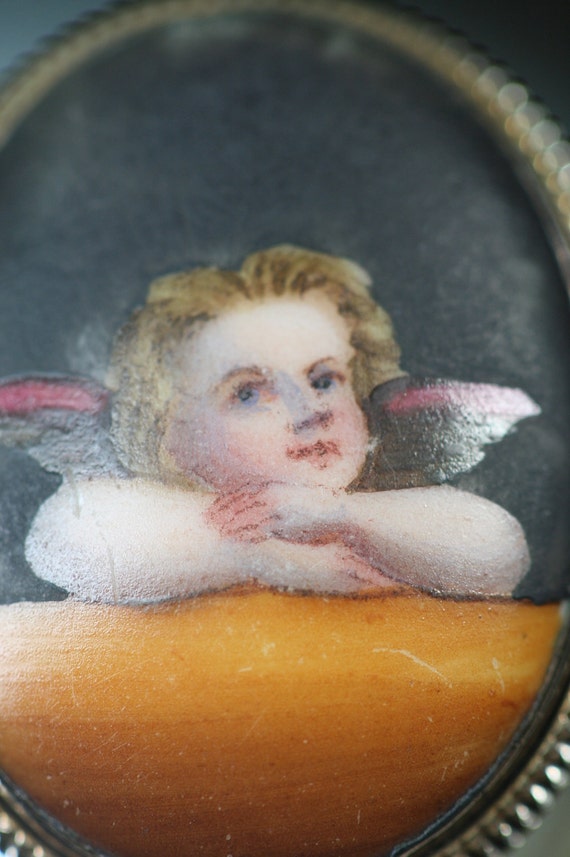 Antique Painted Porcelain Cherub Collar Button Br… - image 2