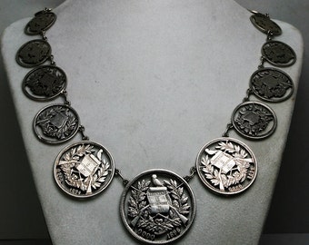 Antique Guatemala Silver Coin Necklace - 1800's  Coins