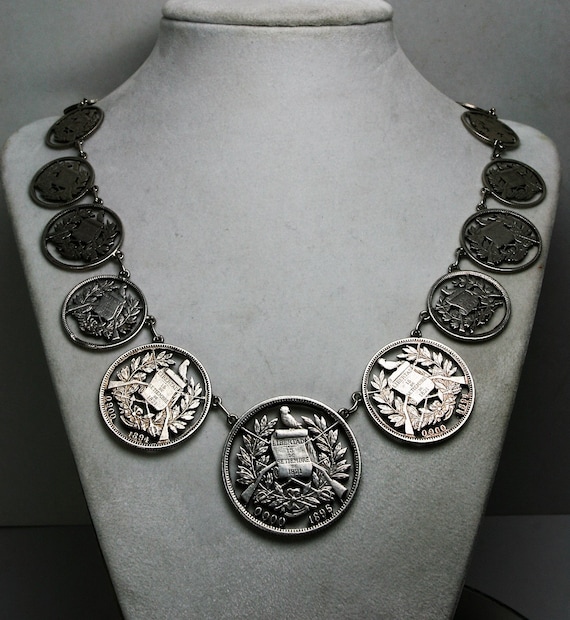 Antique Guatemala Silver Coin Necklace - 1800's  C