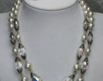 Cut Crystal and Faux Pearl Necklace and Earring Set - Vintage Choker Set