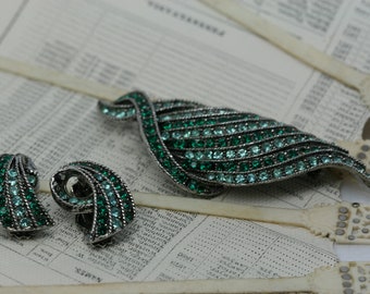 Vintage Rhinestone Brooch and Earring Set - Shades of Green