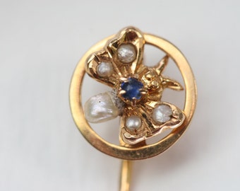 Stick Pin-Vintage 18k Pearl and Blue Glass Stick Pin- Butterfly