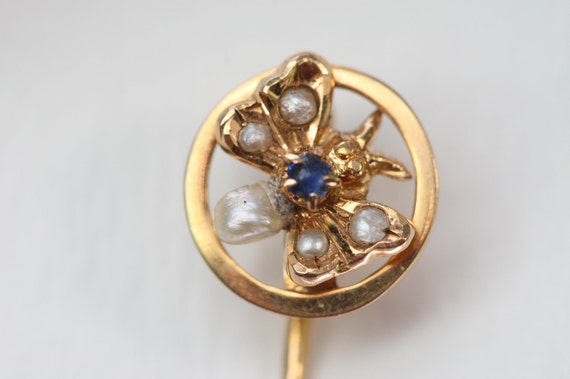 Stick Pin-Vintage 18k Pearl and Blue Glass Stick … - image 1
